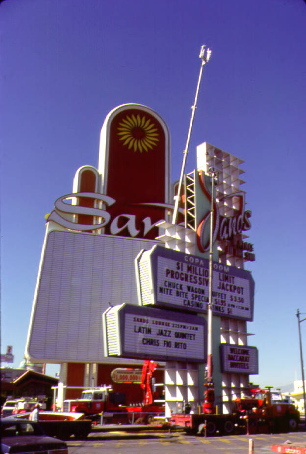 Photograph of old sign for the Sands Hotel being replaced by a new sign (Las Vegas), circa 1981