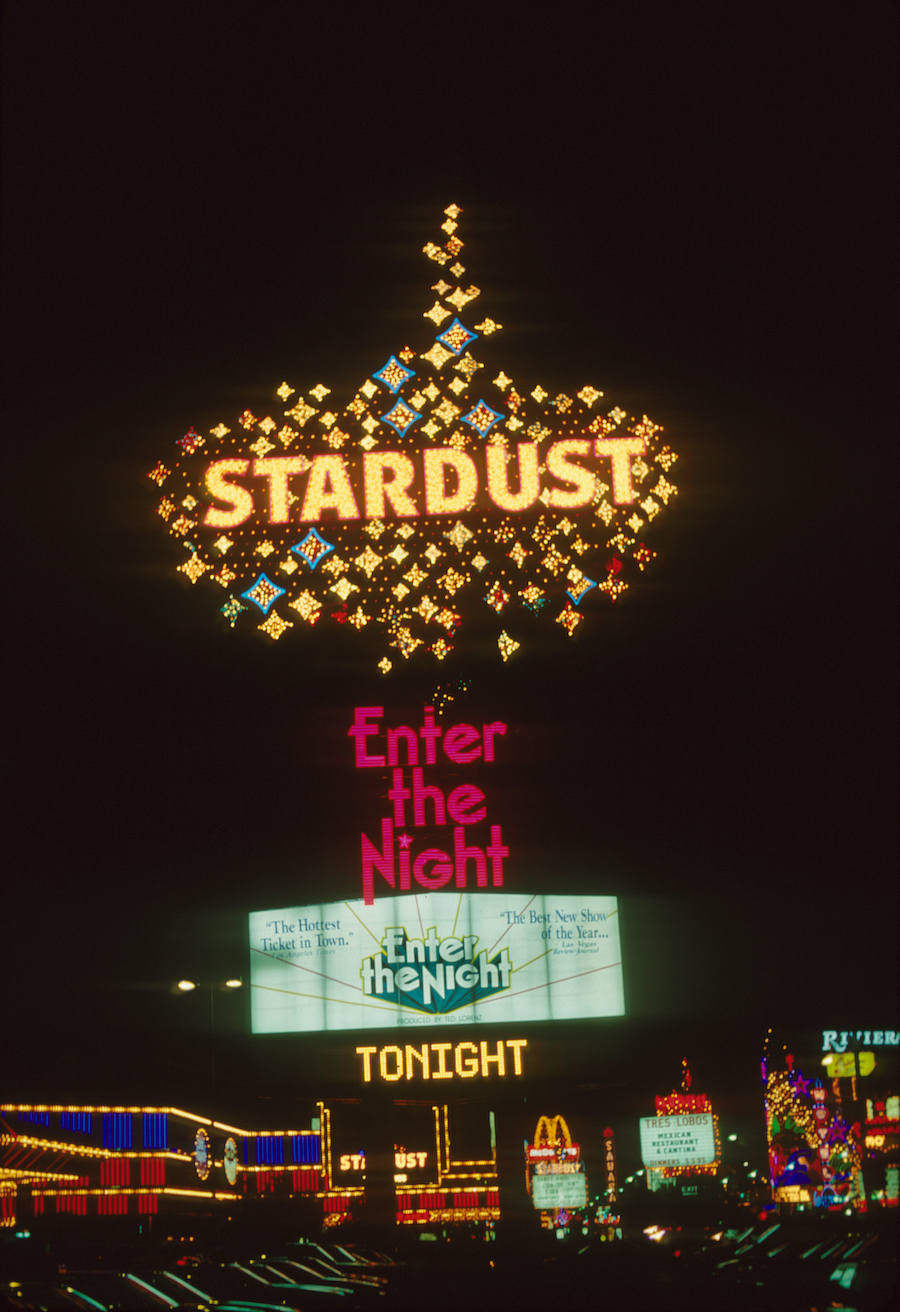 Stardust pylon sign at night, Scott Baright Collection, 1992
