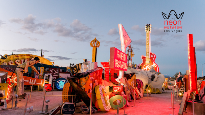 Small business section of Boneyard at dusk