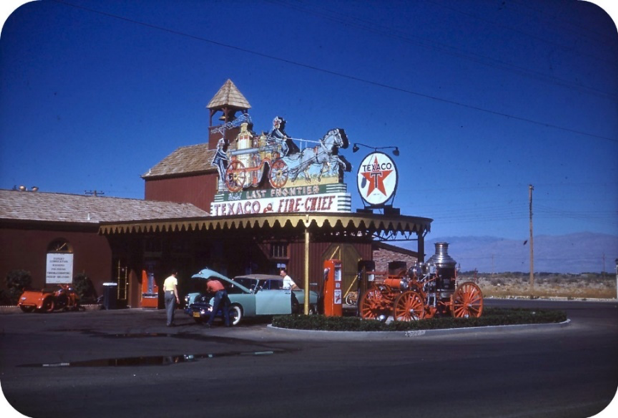 Last Frontier sign daytime Texaco gas station circa 1948/1949 by Janice Waltzer
