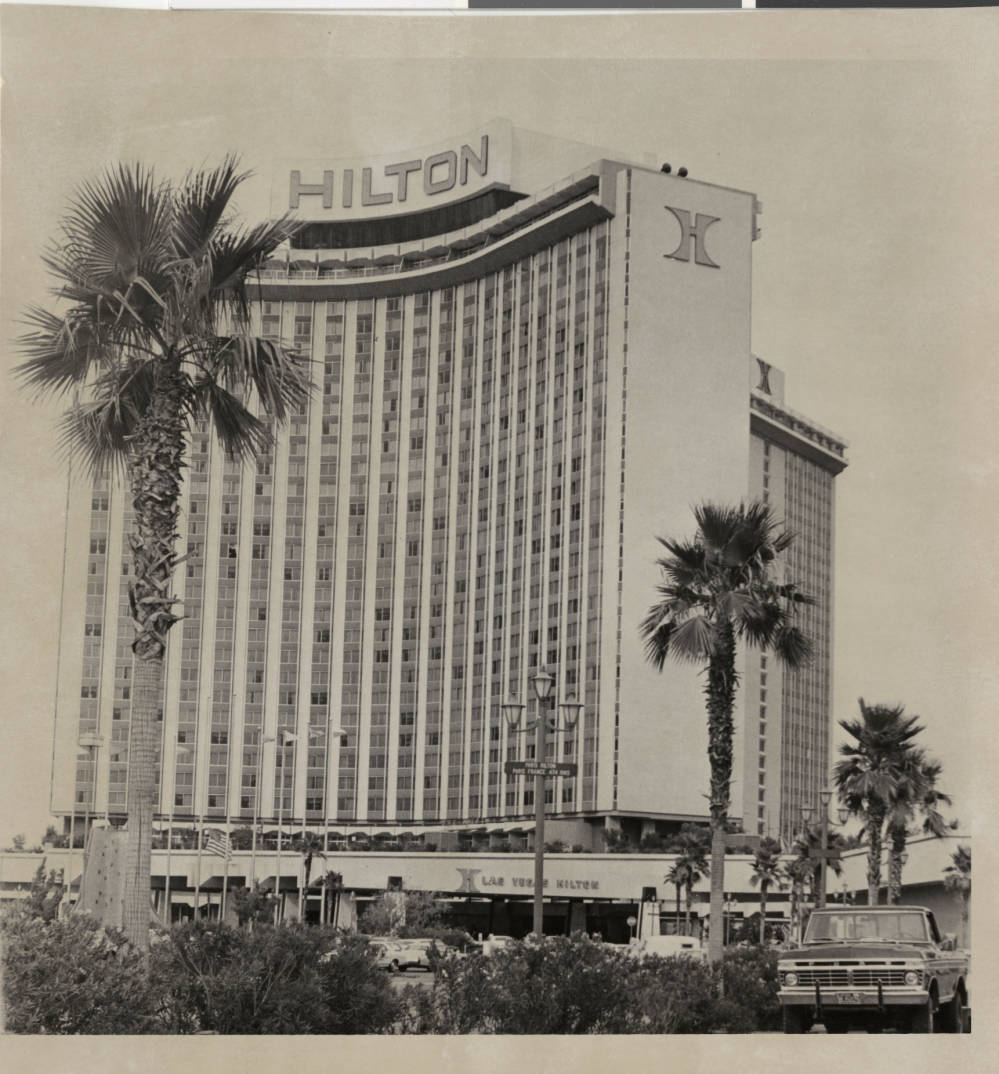 Photograph of the front exterior of the Las Vegas Hilton, circa 1971-1974
